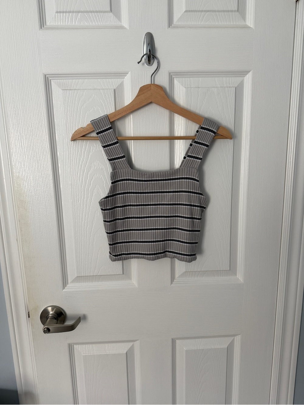 American Eagle Outfitters Gray & Black Striped Ribbed Square-Neck Crop Tank